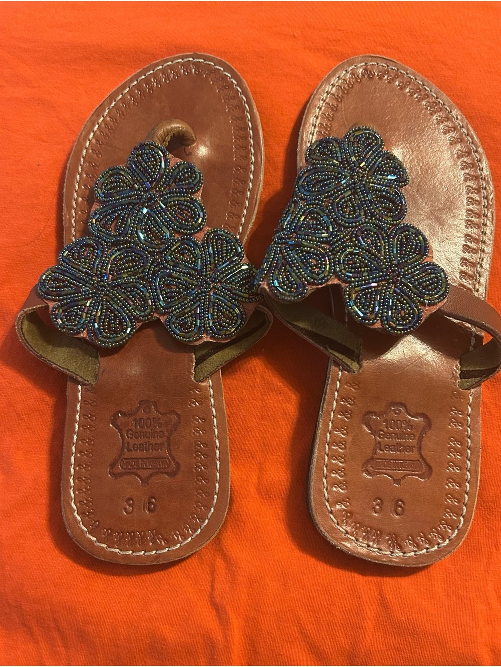 Hand-Beaded Brown Leather Floral Toe-Post Sandals - Women's